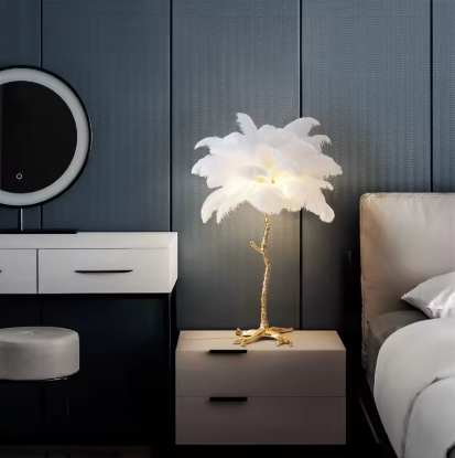 Modern Ostrich Feather Led Floor Lamp Copper Resin Living Room Home Decor Indoor Lighting Bedroom Bedside Standing Table Light